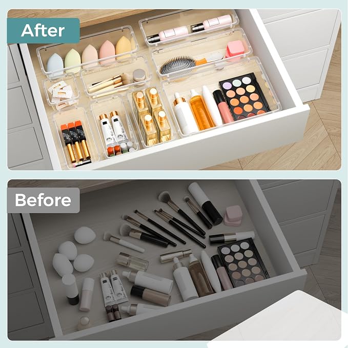 44 PCS Clear Plastic Drawer Organizer Set, 4 Sizes Storage Bins, Clear | Desk Drawer Organizer Trays for Makeup, Jewelry, Gadgets and Utensils, Perfect for Bathroom, Bedroom and Office Organization