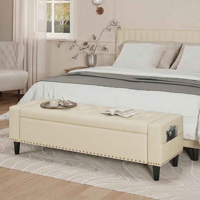 60" Storage Ottoman Bench, Faux Leather Upholstered Bed Bench with Tufted Buttons and Nailhead Trim, Large Ottoman with Storage for King Size End of Bed, Bedroom, Entryway, Hallway (Cream White)