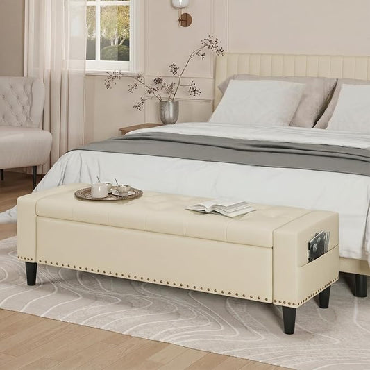 60" Storage Ottoman Bench, Faux Leather Upholstered Bed Bench with Tufted Buttons and Nailhead Trim, Large Ottoman with Storage for King Size End of Bed, Bedroom, Entryway, Hallway (Cream White)