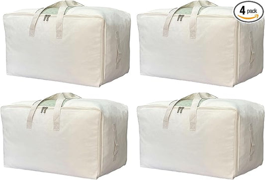 DoYiKe Soft Canvas Storage Bag with Zipper and Clear Window, Cotton Linen Organizer Storage for Pillow, Sweater, Sheets and Bedding, 55L, 4 Pack, Beige