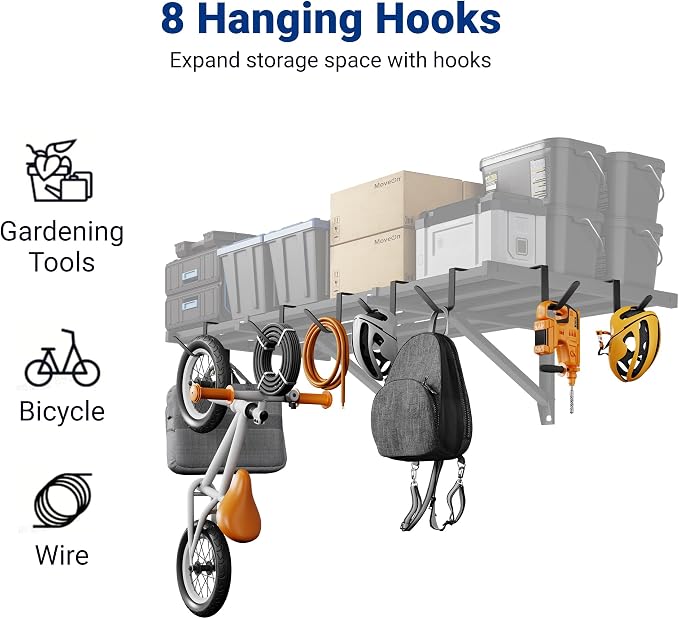 FLEXIMOUNTS 2-Pack 2x4ft Garage Wall Shelving, 8 Hooks, Heavy Duty, Black | Heavy Duty Garage Shelving Wall Mounted, 400lbs Capacity, Storage for Power Tools, Garden Supplies, Storage Bins, Lite Series