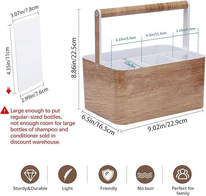 BYUNER Shower Caddy Portable for College: Devided Bathroom Caddy Shower Basket for Dorm with Handle, Plastic Bathroom Counter Organizer Storage Tote Bin for Dorm,Kitchen,Cabinet, Wood Grain