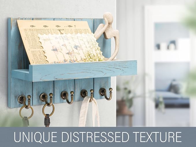 Rebee Vision Key Holder Wall Mount with Shelf for Entryway, Distressed Blue | 3.54'' x 10''x 7.28'', Key Holder for Wall, Floating Shelf, Plant Display, Mail Sorter, Hanging Hooks, Mid-Century Decor