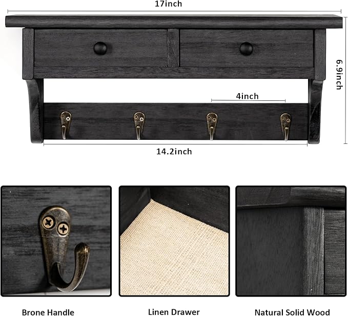 Emfogo Wood Coat Hooks Wall Mounted, Rustic Style with 4 Hooks & Shelf for Entryway, Mudroom, Bedroom, Kitchen, Bathroom (Black)