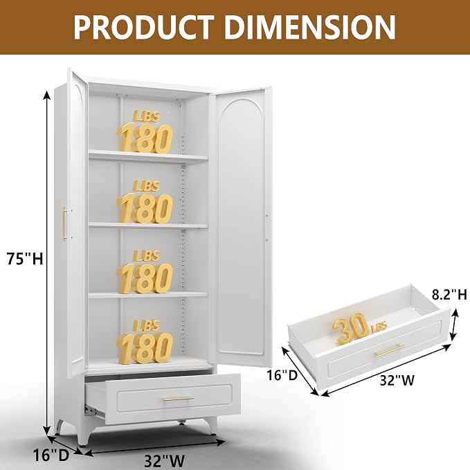Polup 75" Metal Storage Cabinet, Tall Kitchen Pantry Cabinet with 1 Drawer | White Heavy-Duty Steel Cupboard, 2 Doors, 3 Adjustable Shelves, Magnetic Latch, Gold Handles, for Dining Living Room, Laundry
