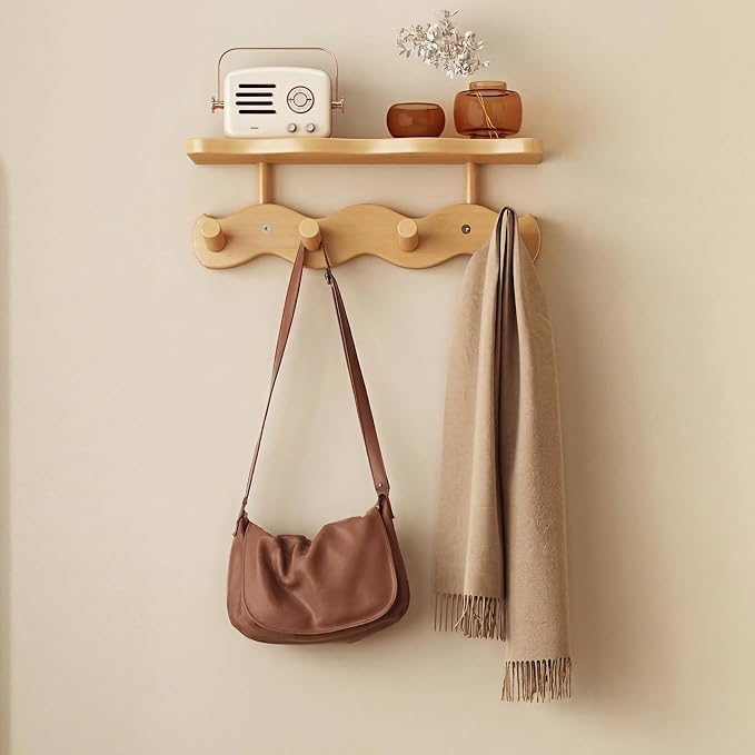 Wave-Shaped Bamboo Coat Rack Wall Mount with Shelf - Modern 4-Hook Rack | Modern Sculptural Wave Decor, Organic Wood Wall Mounted Rack with Storage Shelf, Heavy-Duty Hanging for Entryway & Bedroom
