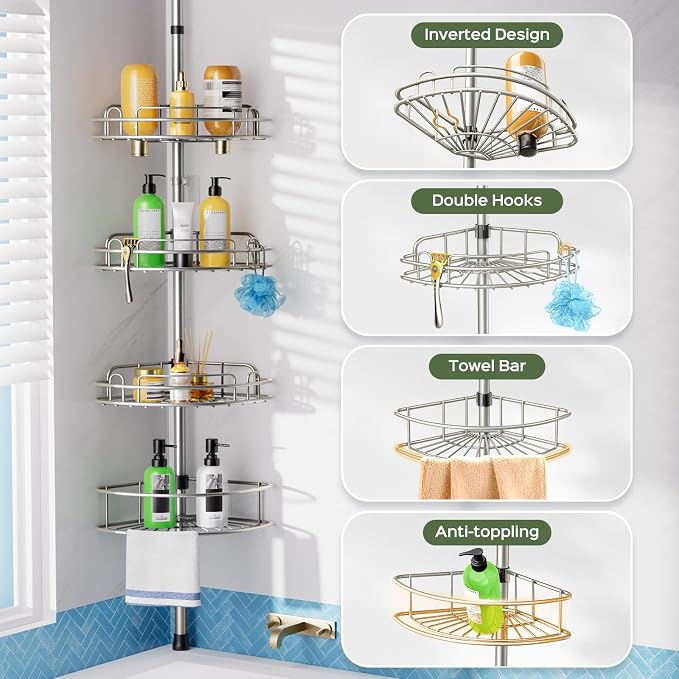 HAMITOR Shower Caddy Tension Pole: 4-Tier Rustproof Bathroom Corner Shelf Organizer for Renter - No Drill Large Shampoo Storage Rack - Adjustable 47-121" - Space Saving Bathtub Accessory - Silver Gray
