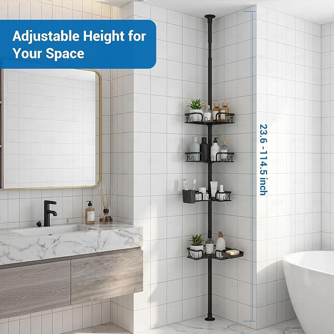 4-Tier Corner Shower Caddy Tension Pole, Floor to Ceiling Shower Corner Shelf Organizer with Soap Hold No-Drill 23.6-114.5 Inch