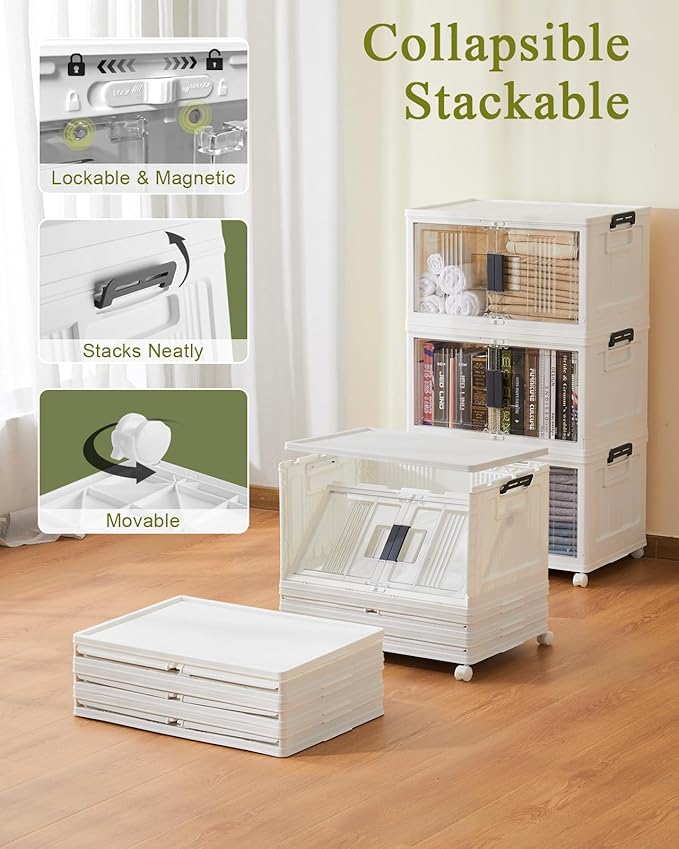 OlarHike 144QT Lockable Storage Bins with Lids - Folding Cabinet with Doors & Wheels, Collapsible Plastic Drawers for Dorm, Closets, Office, Game Day, College, Stackable Organizer, Gifts, 3 Pack