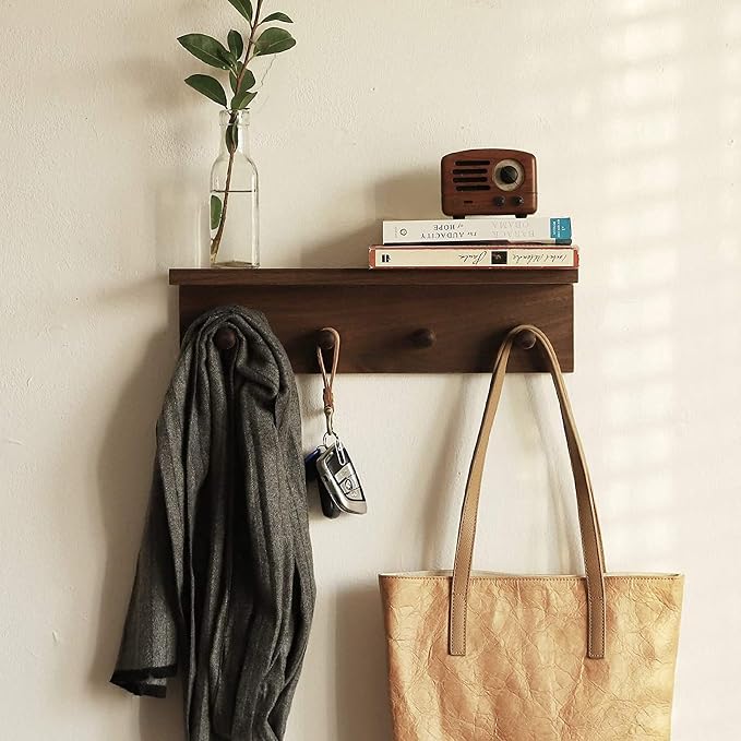 Entrance Coat Rack ，Coat Hooks, Wall-Mounted Wooden Hook Rack, Wall-Mounted Shelves are Very Suitable (Walnut Color Finish—A-1)