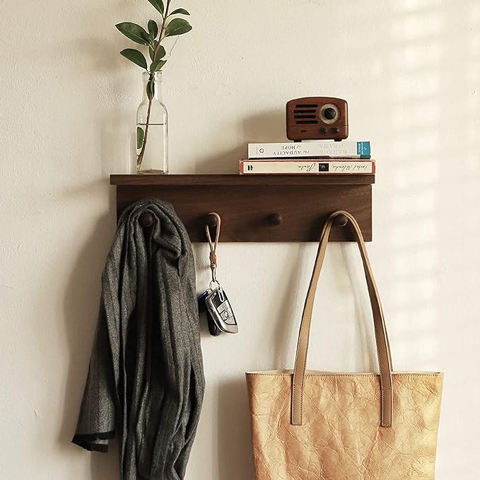 Entrance Coat Rack ，Coat Hooks, Wall-Mounted Wooden Hook Rack, Wall-Mounted Shelves are Very Suitable (Walnut Color Finish—A-2)