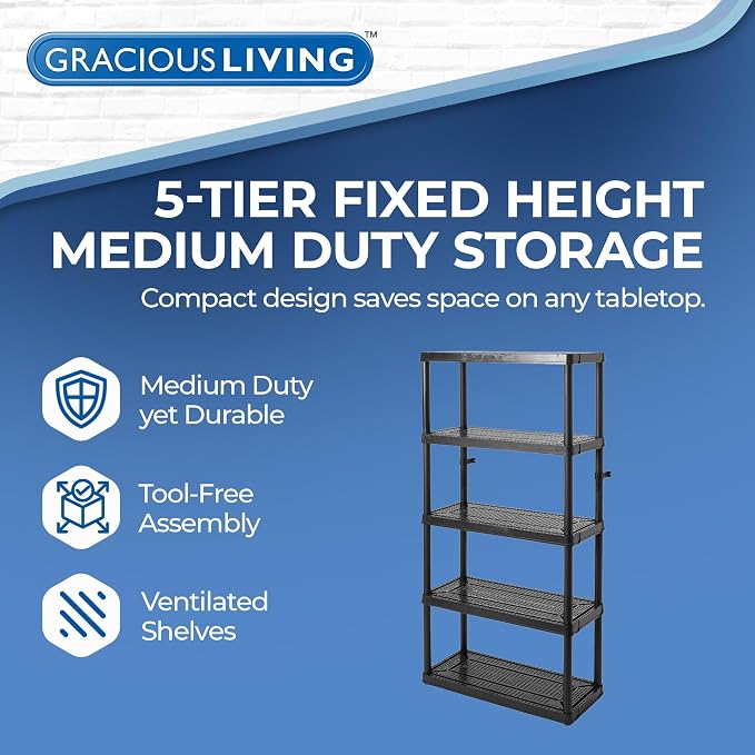 Gracious Living 5-Shelf Plastic Storage Shelves, Heavy-Duty Garage Shelving Unit, Black - Standing Organizer Rack for Kitchen, Bathroom, and Laundry Room