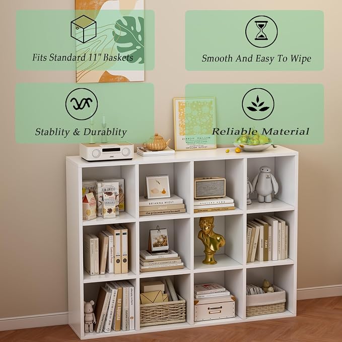 OSCHF 12-Cube Storage Shelf Bookcase, Warm White | Wooden 3-Tier Open Bookshelf, Fits 11×11" Bins, Vertical or Horizontal Use, Full Back Panels, For Home Office