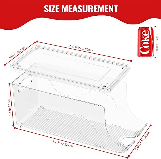 SCAVATA 4 Pack Stackable Refrigerator Organizer, Soda Can Dispenser Pop Cans Container Beverage Holder with Lid for Fridge, Freezer, Kitchen, Clear Plastic Storage Bins-Holds 10 Cans Each