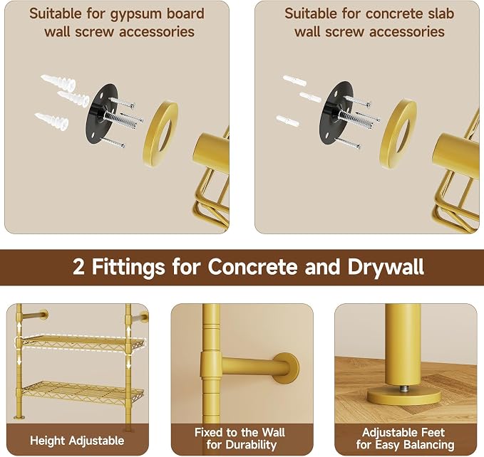 ONBRILL H3 Expandable Wall Mounted Closet System, 5.4FT-8.1FT Closet Organizer with 4 Telescopic Rods & 6 Wire Shelves, Industrial Pipe Clothing Rack for Walk-in & Reach-in Closet (Gold)