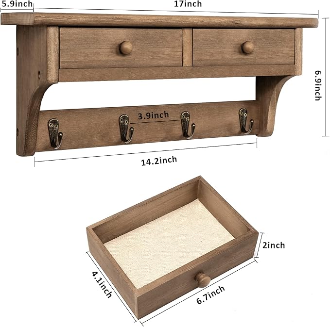Emfogo Coat Hooks Mounted, Rustic Wood Coat Rack Mount Shelf with Hooks, Farmhouse Coat Rack with Shelf & Coat Hook for Entryway, Mudroom, Bedroom, Kitchen, Bathroom(Walnut)