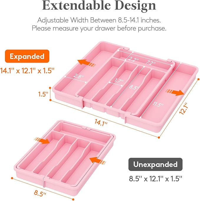 Lifewit Silverware Drawer Organizer, Expandable Utensil Tray for Kitchen, BPA Free Flatware and Cutlery Holder, Adjustable Plastic Storage for Spoons Forks Knives, 8.5"-14.1" x 12.1", Pink