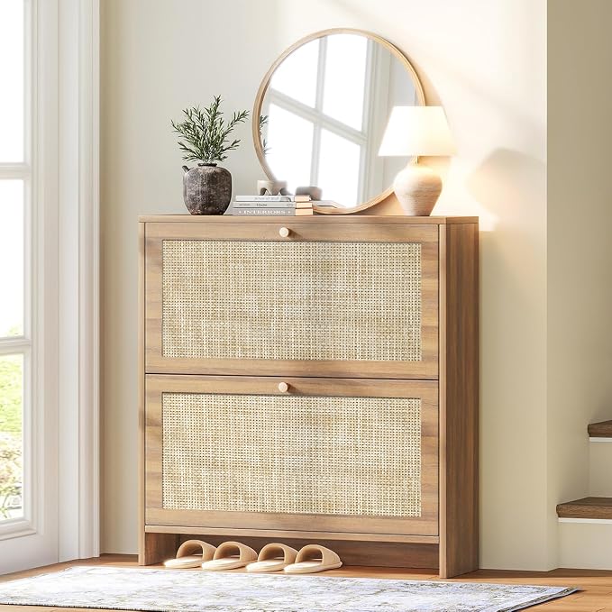 Nicetree Shoe Storage Cabinet for Entryway, Slim Shoe Rack with 2 Flip Drawers, Modern Boho Square Cane Engineered Wood Storage Cabinets, Narrow Shoe Organizer, Caramel