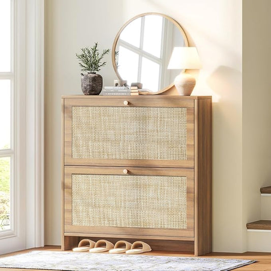 Nicetree Shoe Storage Cabinet for Entryway, Slim Shoe Rack with 2 Flip Drawers, Modern Boho Square Cane Engineered Wood Storage Cabinets, Narrow Shoe Organizer, Caramel