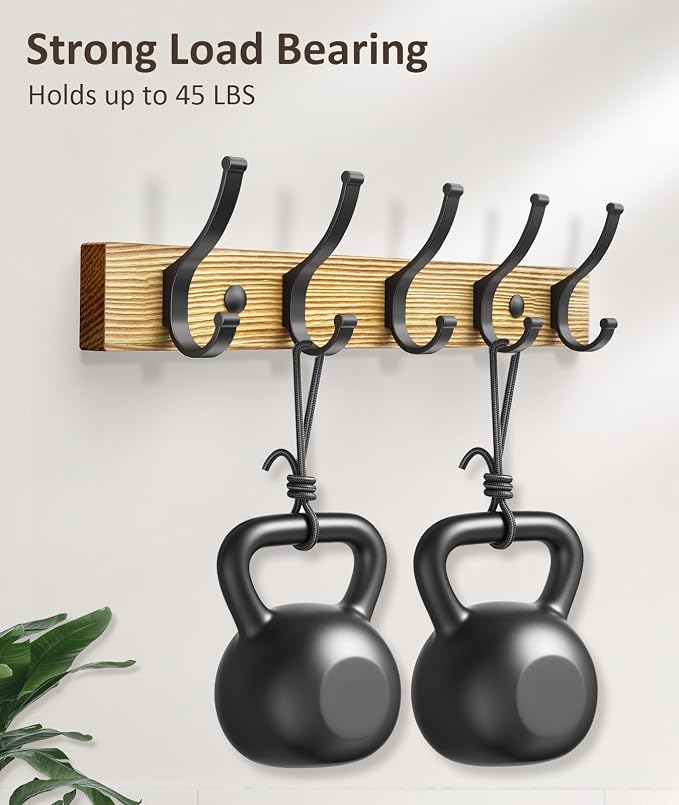Optish Coat Rack Wall Mount, 16.5 Inches Wood Coat Hooks Wall Mount, Wall Coat Rack with 5 Hooks, Hat Rack Wall Hooks for Hanging Coat, Bag, Towel (2Pack, Natural)