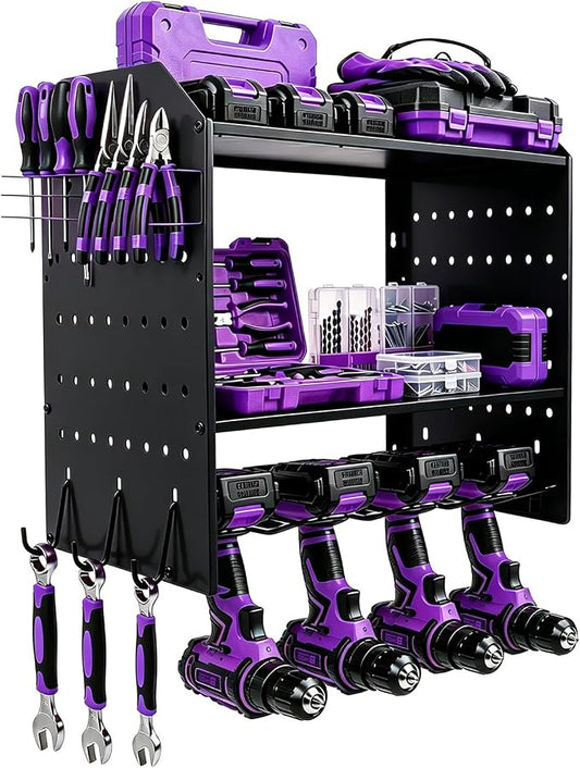 Power Tool Organizer Wall Mount,Power Drill Tool Holder | 200lb Heavy Duty Tool Shelf,4 Tier Cordless Tool Organizerwith 4 Drill Holders & 3 Divider Panels,Black
