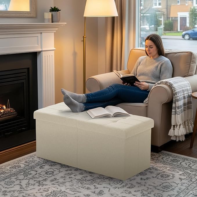 30.5-INCH Storage Ottoman Bench, Footrest with Storage, End of Bed Bench Coffee Table for Living Room, Bedroom, Entryway, Beige