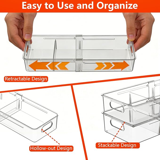 REBECAT 8 Pcs Expandable Clear Drawer Organizers, Adjustable Drawer Organizer Bins with Dividers, makeup organizer for drawer, drawer organizer bathroom for Vanity, Junk Drawer & Office