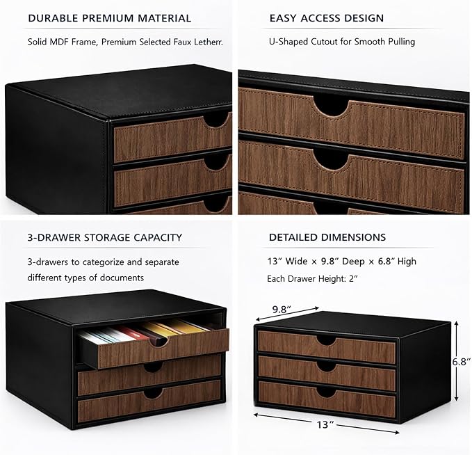 UnionBasic Document Organizer, 3-Drawer File Cabinet Document Storage Box, Office Desktop Filing Organizer, Black with Wood Grain Drawers