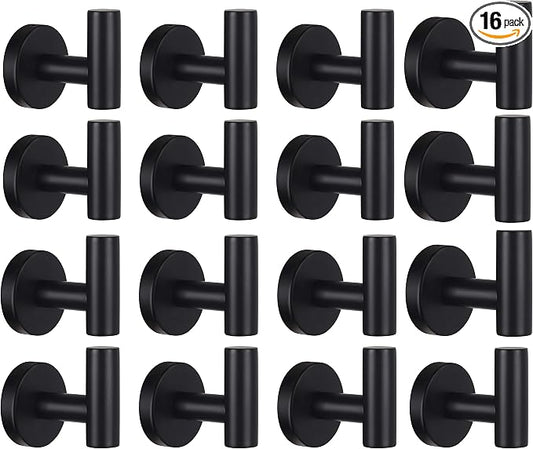Bathroom Robe Towel Hooks Coat Matte Black Wall Hook Stainless Steel Heavy Duty Door Hanger Towel Robe Clothes Cabinet Closet Sponges Hook for Bathroom Bedroom Kitchen Hotel Pool 16 Packs