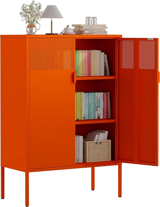 3-Tier Metal Storage Cabinet with 2 Adjustable Shelves & Mesh Doors | Metal Locker Accent Cabinet with Legs, Orange Storage Cabinets, Metal TV Stand Cabinet for Home Office, Entryway & Hallway
