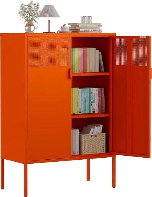 3-Tier Metal Storage Cabinet with 2 Adjustable Shelves & Mesh Doors | Metal Locker Accent Cabinet with Legs, Orange Storage Cabinets, Metal TV Stand Cabinet for Home Office, Entryway & Hallway