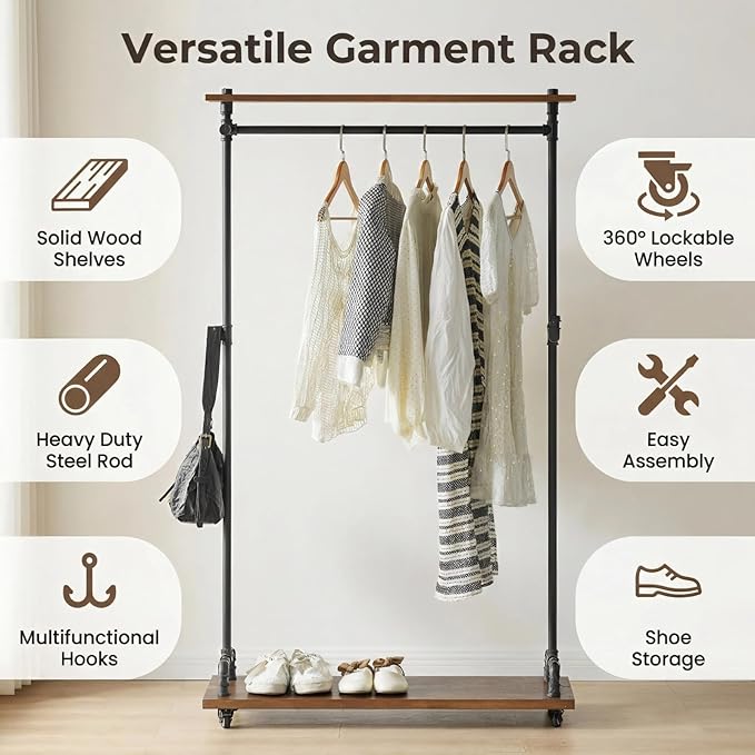 Industrial Pipe Clothing Rack, Wood Clothes Rack, Rolling Garment Rack | Heavy Duty, Sturdy Hanging Rod, Hall Tree on Wheels with Shelves, Shoes Storage and Hangers for Bedroom Retailer, Rustic