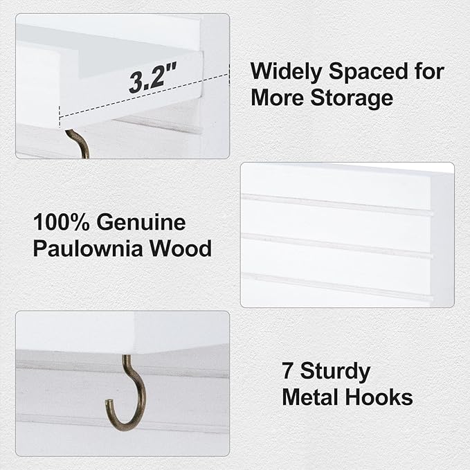 Lwenki Decorative Key Holder for Wall with Shelf, Entryway Shelf with Hooks Holds Leashes, Jackets and Glasses – Sturdy Wood Keyholder Entrance Hanger with Mounting Hardware (White, Large)