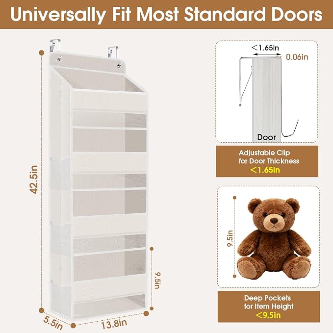 Over The Door Organizer Storage behind Door Hanging Organizer for Nursery | 4 Tier, 6 Side Pockets, Clear Window, Sturdy Construction, Space-Saving Storage for Closet, Bedroom, Bathroom & Nursery