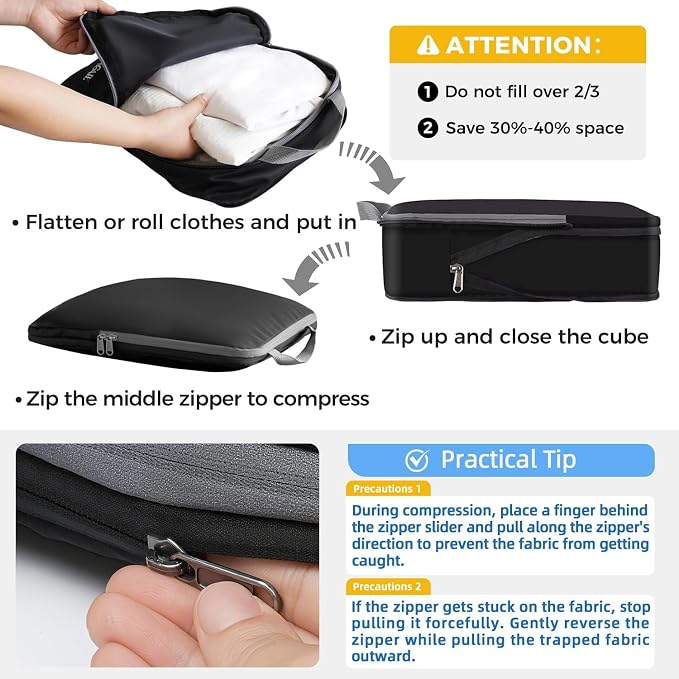 BAGAIL 4 Set/6 Set/8 Set Compression Packing Cubes Travel Accessories Expandable Packing Organizers (Cloth Pattern, 4-Black)
