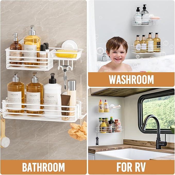 LEVERLOC Shower Caddy Suction Cup, 2 Pack Shelves for Inside with Hooks | White Shower Basket, Rustproof Meatl Bathroom Holder, Soap Holder, NO-Drilling Bathroom Organizer