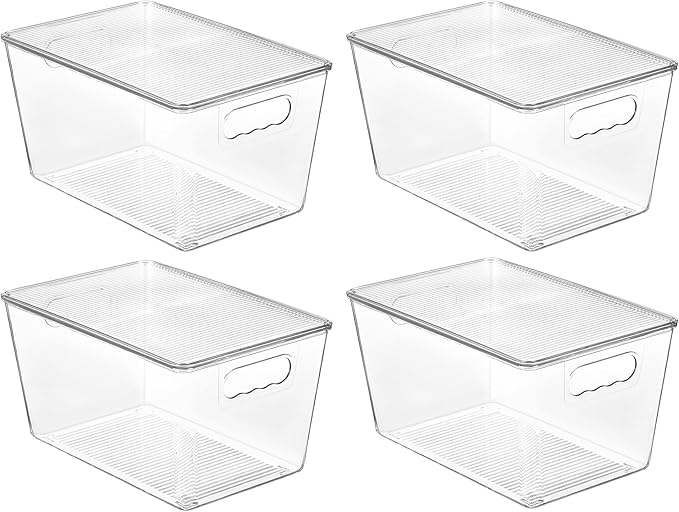 Vtopmart 4 Pack Clear Stackable Storage Bins with Lids, Large | BPA-free Plastic, Organize Vertically, For Pantry Kitchen Fridge Cabinet Closet Bathroom, Built to Last, Easy to Move