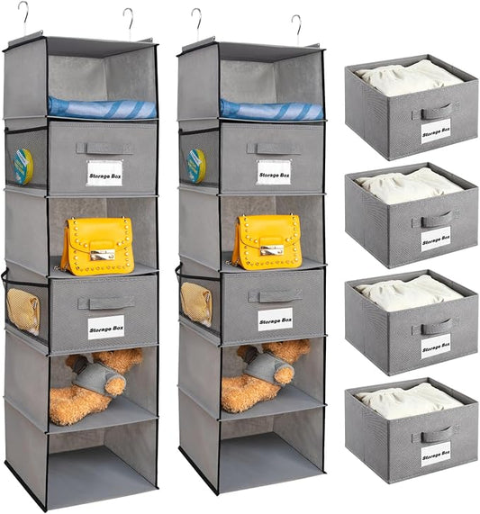 BrilliantJo 2 Pack 6 Shelves Hanging Closet Organizer with 2 Drawer, Hanging Storage with 4 Side Pockets for Clothes Shoes, 43.5"x12"x12"(Gray)