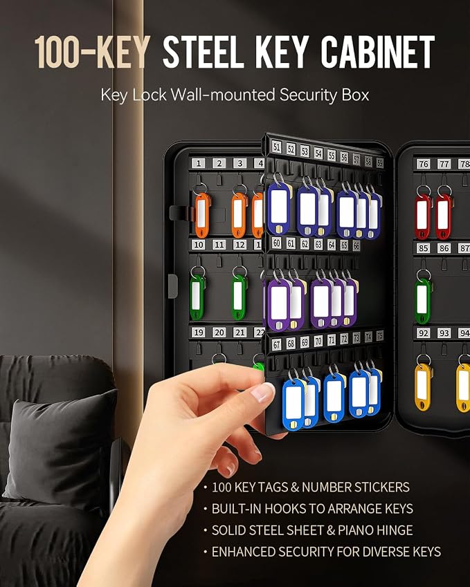 Uniclife 100 Position Key Cabinet with Key Lock Wall Mounted Black Security Storage Box Steel Key Organizer with Colorful Key Tag Labels Stickers and Hooks
