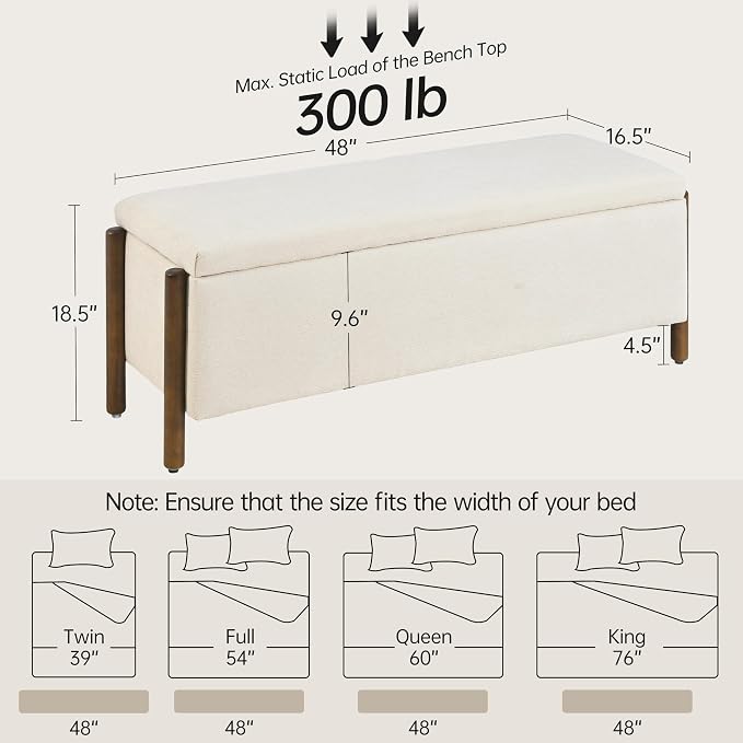 Usaint Wooden Storage Ottoman Bench, 47" Fabric Upholstered End of Storage Bench with Rubberwood Legs, Entryway Bench with Storage for Bedroom, Living Room, Reception, Cloakroom, Beige