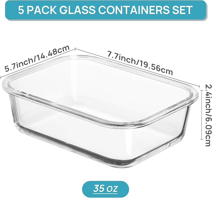 Vtopmart 5 Pack 35oz Glass Food Storage Containers with Lids, Green | Meal Prep Containers, Airtight Reusable Lunch Container Set, Safe for Oven, Microwave, Freezer, and Dishwasher, BPA Free
