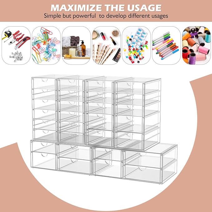 caktraie Acrylic 2-Pack 7-Drawer Makeup & Storage Organizer for Bath,Desk | Smooth-glide drawers, clear body, dustproof, wipe clean, for office supplies, pens, rings, earrings, tweezers, cotton swabs