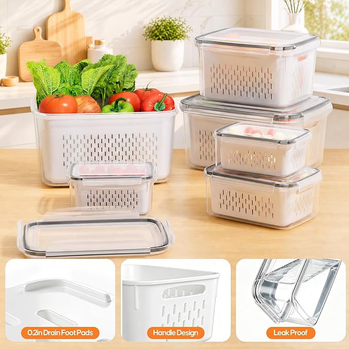 JSCARES Fruit Storage Containers for Fridge with Removable Colander, 6 Pack | Plastic Produce Saver for Refrigerator, Fruit Organizers Keep Berry Veggie Fresh Longer, Dishwasher Safe, Largest 6.55 Quart