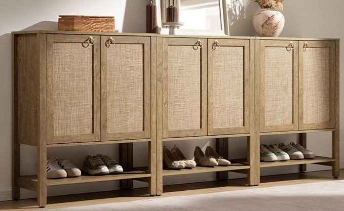 SICOTAS Rattan Shoe Cabinet with Storage, 5 Tier, 3 Pieces | Boho Shoe Organizer with Doors & Shelves, Free Standing Shoe Rack Storage Cabinet for Entryway, Living Room (Carbon Cherry)