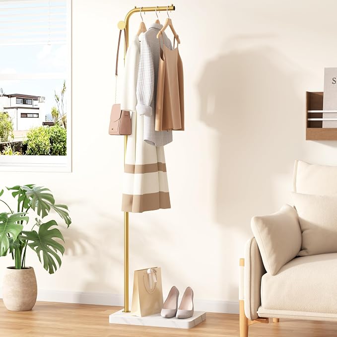 HOMEFORT Metal Coat Rack, Modern Coat Tree with 3 Hooks, L Shaped Coat Hanger Stand, Freestanding Coat Rack for Entryway and Corner, Gold