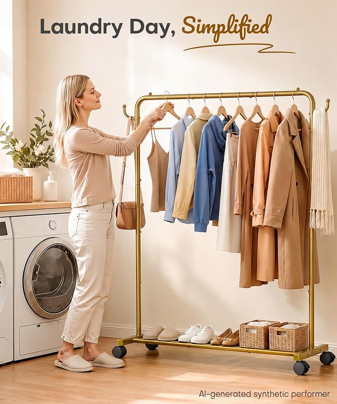 Homde Portable Clothes Rack for Bedroom: 4 Lockable Wheel Move Room-to-Room | Laundry to Closet in 1 Smooth Roll - No Heavy Lifting for Renters & Movers - 88 lbs Hanging Rod for Garment Coat to T-Shirt