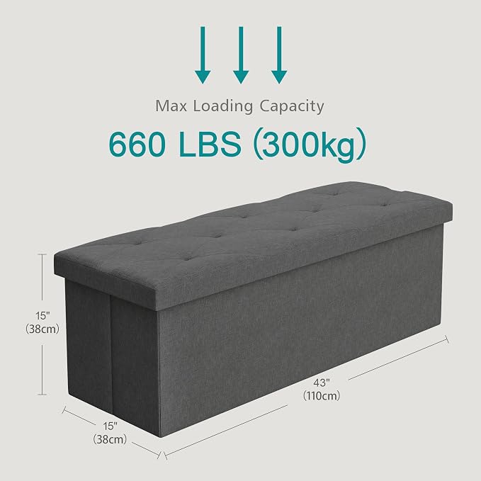 VECELO 43'' Folding Storage Ottoman Bench, Storage Chest, Linen Fabric Foot Rest Stool, 158L Storage Footstools for Bedroom and Living Room, Holds up to 660 lbs, DGray