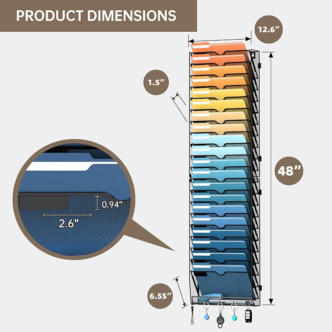 21-Tier Hanging Wall File Organizer with Hooks for Office Organization | Mesh Wall File Holder, Mail Organizer Wall Mounted for Papers, Documents, Folders and Magazines in Home Office, Classroom