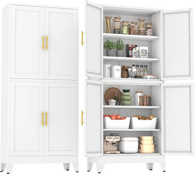 75" Tall Metal Kitchen Pantry Storage Cabinet, Freestanding Cupboard with 4 Doors and 4 Adjustable Shelves, Standing Storage for Kitchen, Bathroom, Garage, Dinning Room or Utility Room（White）