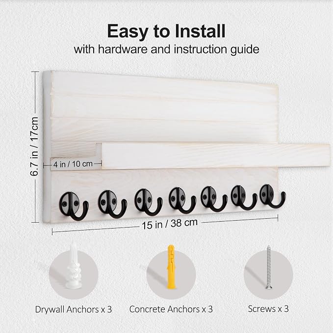 Lwenki Key Holder Wall Mount, Entryway Key and Mail Holder with 7 Sturdy Hooks for Sunglasses, Dog Leash, Decorative Wall Shelf with Mounting Hardware, 15”W x 6.7”H x 4.2”D